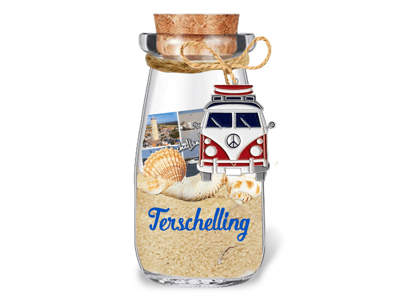 Flesje met zand, bedel TERSCHELLING Flesje met zand, bedel TERSCHELLING